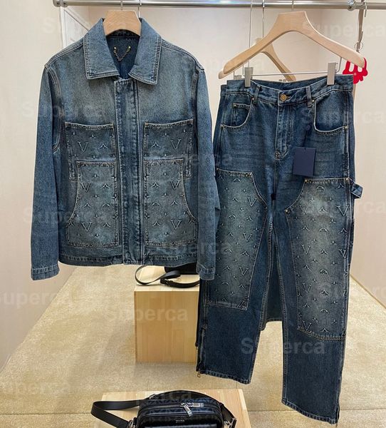 Hommes Demin Vestes Jacquard Weave Casual Mode Femmes Denim Veste et Jeans Survêtement Marque Designer Jean Plante Lettre Pleine Impression Revers