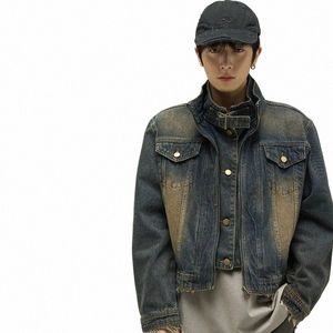 Mens Denim Veste American Vintage Faux Deux Pièces Design Mer Tendance Jeans Manteau Mâle Hip Hop Col Haut Unisexe Outwear 2024 77ay #