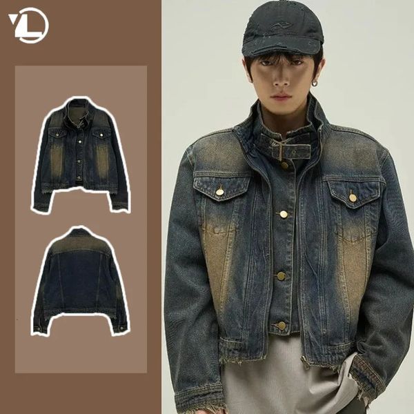 Hommes Denim Veste American Vintage Faux Deux Pièces Design Lavé Tendance Jeans Manteau Mâle Hip Hop Col Haut Unisexe Outwear 2024 240309