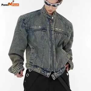 Veste en jean pour hommes en métal design en détresse lavé recadrée vestes en jean hip hop streetwear fermeture éclair vêtements d'extérieur décontractés style américain 240311