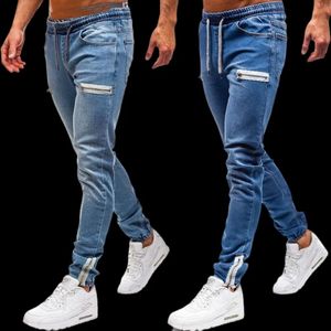 Hommes Denim pantalon fermeture éclair jean hommes élastique manchette décontracté cordon survêtement serré 231222