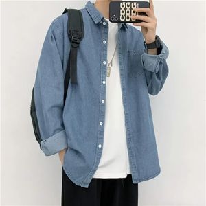 Heren denim shirt mode harajuku lange mouw tops lente herfst vintage baggy jas trend streetwear oversized mannelijke kleding 240326