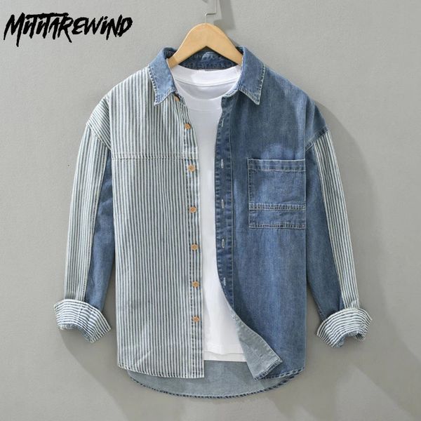 Chemises de denim pour hommes Spring High Street Loose Full Full Sleeves Tops Stripe Patchwork Designer Shirt Fashion Youth Fashion Overshirt 240423