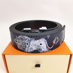 Ceinture de créateur pour hommes et femmes, ceintures de luxe de mode, Lion noir, rhinocéros blanc, imprimé en cuir, lettre L avec boîte cadeau originale, taille 95-125cm