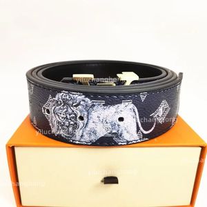 Mens Designer Belt femmes Mode luxe 3.8cm largeur L Boucle en métal Ceintures Black Lion White rhinoceros print Leather Letterer With box