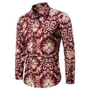 Chemises décontractées pour hommes manches longues mode fleurs imprimés hauts décontractés t-shirts extérieurs revers cou vêtements couleurs M-4XL