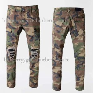 Herenontwerper voor heren Am Modemerk Motorfietsbroeken Vintage Multi Pocket Slim Fit Elastische gerimpelde gepatchte gestapelde jeans Men Camo kleurgrootte 28-40