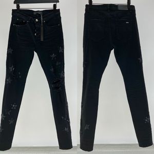 Pantalones vaqueros de diseñador para hombre estrella Ripped Jean Man Slim Jeans Pantalones casuales con cremallera para hombre Pantalón elástico Parche de flores de anacardo Hip Hop Pantalones de mezclilla pantalones cargo negros