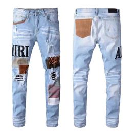 heren designer jeans designer jeans hoge kwaliteit mode heren jeans coole stijl motorfiets stijl broek denim broek verontruste gescheurde biker borduurwerk patch gat L6