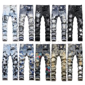 Designer pour hommes jeans en détresse de moto de motard déchiré slim en détresse pour hommes jean mode pantalon broderie patchwork