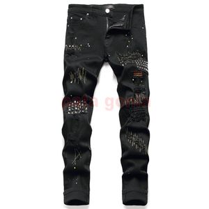 Designer pour hommes jeans mode européen américain style jean hombre lettre étoile pantalon de broderie patchwork déchiré pour le pantalon de moto pour hommes skinny
