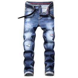 Jeans para hombres Diseñador para hombre Moda Lavado Azul Clásico Flaco Pantalones de mezclilla Rayado Biker Jean