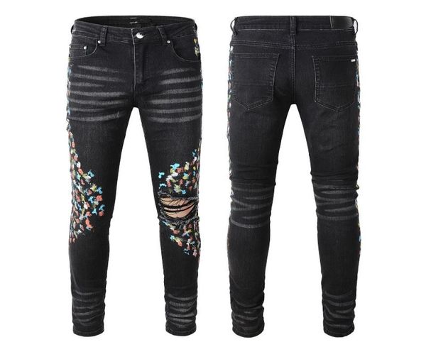 Мужские дизайнерские джинсы для мужчин Skinny Black Rip Rock Denim Slim Straight Distress Biker White Star Hip Hop Motorcycle Blue Splatter P4658535