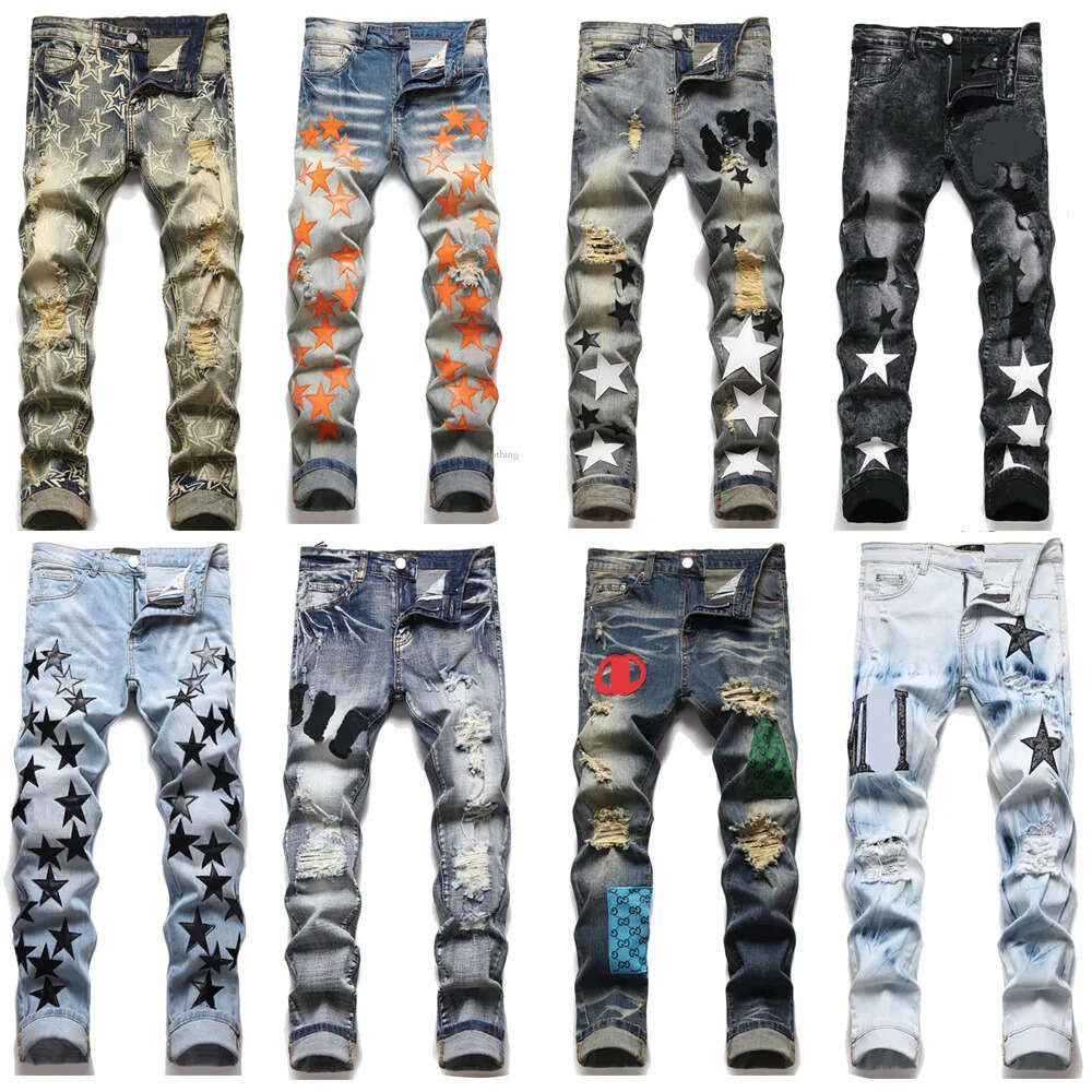 Mens Designer Jeans Jeans For Men Mens Jeans European Jean Hombre Mens Pants Byxor Biker Broderi Ripped For Trend Cotton Fashion Jeans Män lastbyxor 803