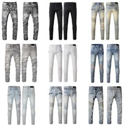 Pantalones vaqueros de diseñador para hombre Pantalones vaqueros ajustados negros de mezclilla rasgados para hombre Pantalones vaqueros rasgados de pierna recta con cremallera Agujero de moda Pantalones largos rasgados de hip hop Gris Biker Distress Streetwear