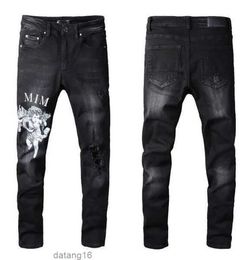Jeans de grife masculino sem rasgos skinny Amirri para homens calças rasgadas com buracos camisa masculina denim perna reta ajuste fino zíper Amari Hip Hop Bikers motocicleta 15 3axz