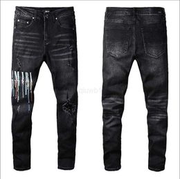 Mens Designer Jeans Star High Elastics Distressed Ripped Slim Fit Moto Biker Denim Pour Hommes Mode Pantalon Noir # 030GOZG