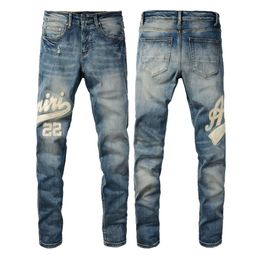 Pantalones de diseñador para hombre Jeans morados Amris # 1311 High Street Jeans Letra parche de cuero Marca de moda Jeans elásticos ajustados