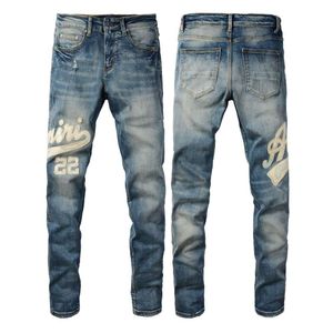 Heren Designer Pants Purple Jeans Amris #1311 High Street Letter Patch Leather Trendy Brand Elastic Slim Fit