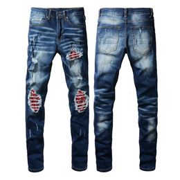 Heren designerbroek paarse jeans Amris 1318 Trendy High Street Hole Patch Jeans blauwe herenjeans Koreaanse editie