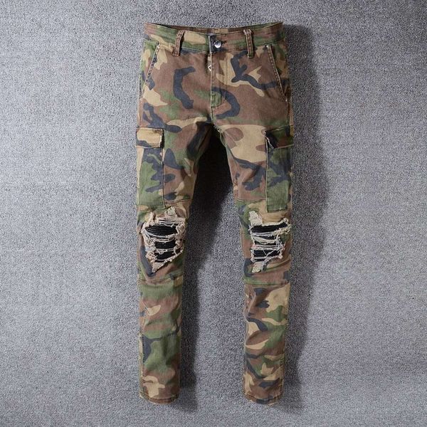 Pantalones de diseñador para hombre Jeans morados Amris 536 High Street Marca de moda Parche con múltiples bolsillos Camo Perforado Elástico Slim Fit Jeans Jeans