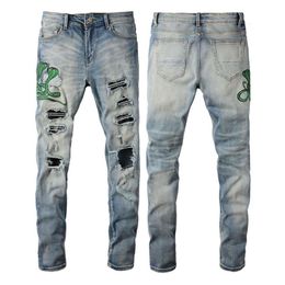 Herren Designerhose Lila Jeans Amris 6561 Trendige Stickerei Cobra Hole Patch Jeans Elastic Slim High Street Denim