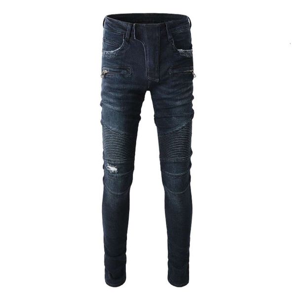 Pantalons de créateurs pour hommes Jeans violets Amris Bleu foncé Marque de mode Multi Pocket Slim Fit Élastique Moto High Street Jeans Skinny # 1099