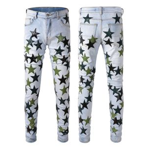 Pantalons de créateurs pour hommes Jeans violets Amris High Street Skinny Green Star Tendance High Craft Elastic Slim High Street Jeans # 853