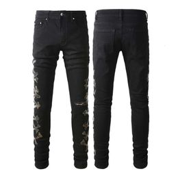 Mens Designer Calças Jeans Roxo Amris Jeans Trendy com Patchwork Angustiado Camuflagem Padrão de Couro e Jeans Apertados # 842