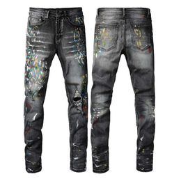 Mens Designer Calças Jeans Roxo Amris Trendy Brand Jeans com Graffiti Speckle Pattern e Jeans Perfurados Elástico Slim Fit Denim # 1303