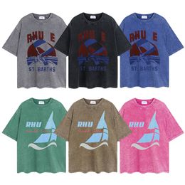 Heren Designer Rhu T-shirt Vintage Retro Gewassen Shirt Luxe Merk T-shirts Dames T-shirt met korte mouwen Zomer Katoenen T-shirts Hip Hop Tops Shorts Kleding Verschillende kleuren-3
