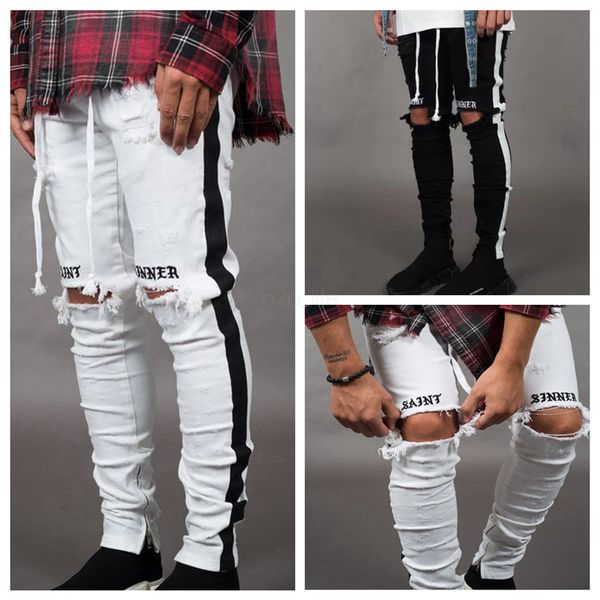 Mens Designer Ripped Jeans Trou Distressed rayé Zipper Jeans Pantalon Slim Hip Hop Biker Denim Pantalon Skinny LJJA2543-