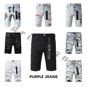 Herenontwerper scheurde paarse hoogwaardige hiphop denim druppel jeans lage taille slanke fit shorts