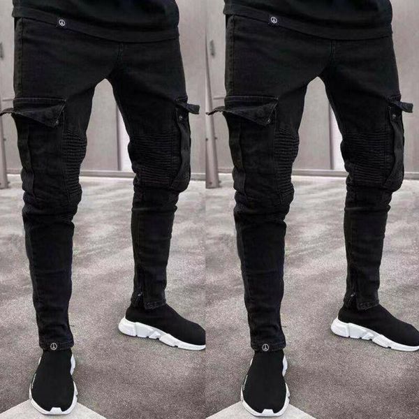 Hommes Designer Skinny Jeans Noir Homme Denim Jean Biker Détruit Effiloché Slim Fit Poche Cargo Crayon Pantalon Plus Taille S-3XL Mode 374