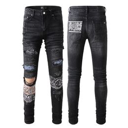 Herenontwerper Skinny Rip Jeans For Man Slim Black Biker Jeans rechte hiphop stretch Distressed Motorcycle Patch Denim Regular Rock Fit maat 40 met gatenbroek