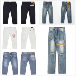 Heren Designer Gestapelde Jeans Heren Gepersonaliseerde Ruches Slanke Stretch Kleurrijke Letters Gat Lint Jacquard Borduren Gewassen Casual Normaal