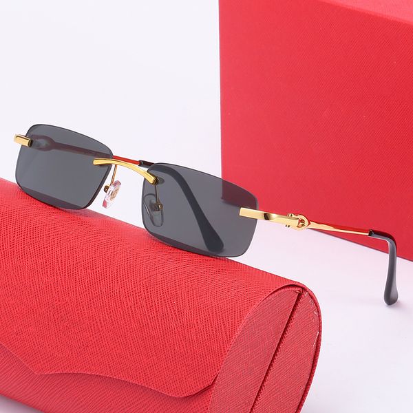 Gafas de sol de diseñador para hombre Gafas de sol de moda para mujer Marco de metal sin enjuague simple Brazo modificado dorado ornamental UV400 Pasarela de playa Show Gafas de moda sin marco