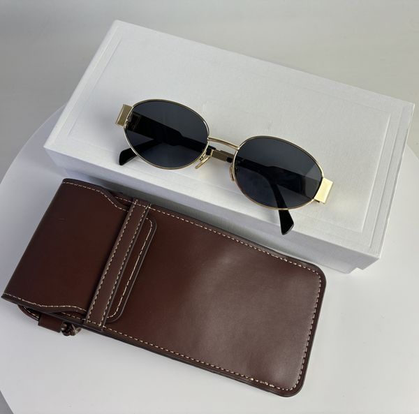 Hommes Designer Celiene Lunettes de soleil Femmes Lunettes Femme Lunettes de soleil Street Photo UV400 Métal Full Frame Oval Runway Mans Lunettes de soleil Sunnies Brown Case Gift Box