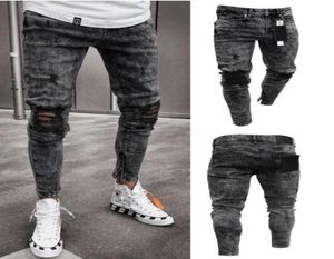 Jean dessiner pour hommes Snow Grey Spark Drapée lavée Long Pantalon de crayon Fashion Troues de genou élastique jeans 79075001179604