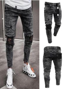 Mens desiner jeans sneeuwgrijs vonk gedrapeerd gewassen lange potloodbroek mode elastische knie gaten ritsje jeans79075006010379