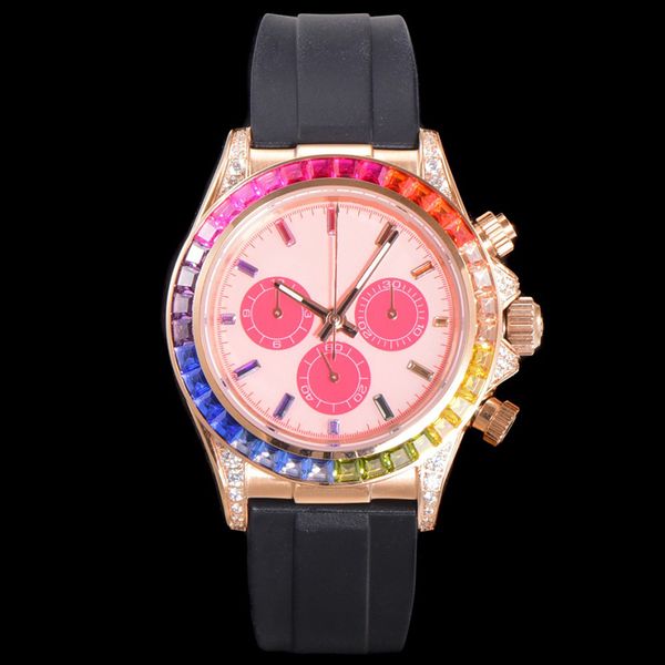 Reloj de diamantes para hombre 7750 Movimiento mecánico automático de sincronización Relojes de arcoíris de 40 mm Reloj de pulsera de negocios de moda Correa de acero inoxidable 904L 3 círculos