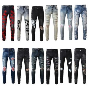 Jean Slim déchiré pour hommes, pantalon en Denim détruit, style Hip Hop, broderie Patchwork, pantalon de moto