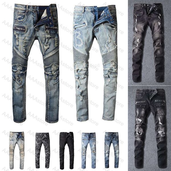 Hombres angustiado 40 diseñador fuera ~ jeans para hombres motociclistas rasgados de motociclistas delgados de motociclistas