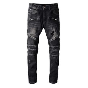 Mens Distressed Fold Skinny Black Jeans Fashion Designer lavé Plissé Panneaux Zipper Slim Fit Moto Biker Hip Hop Denim Pantalon 1089