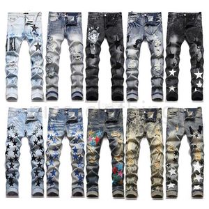 Heren noodlijdende Slim Biker Jeans - geborduurde patchwork denim broek1ncl