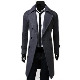 Heren Trenchcoat met dubbele rij knopen Wolmix Herfst Winter Solid Casual Slim Fit Lange jas Modekleding 240113