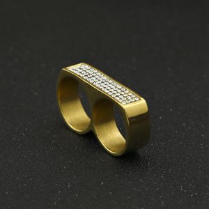 Bague Double doigt pour hommes, bijoux Hip Hop à la mode, haute qualité, acier inoxydable glacé, or, 228z