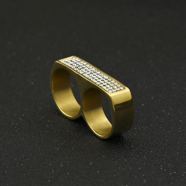 Anillo de dedo doble para hombre, joyería de moda de Hip Hop, anillos de oro de acero inoxidable helado de alta calidad 228i