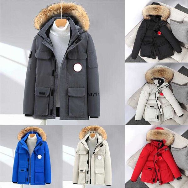 Mens Down Parkas Canada Fashion Mards Diseñadores de ganso Down Jacket Unisex Duck White Coats para hombres Womens Winter Warm Outerwear Natural Real Raccoon Fur
