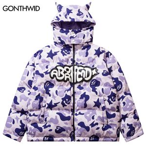 Mens Down Parkas Hip Hop Chaqueta con capucha extraíble Streetwear Camuflaje Cuerno del diablo Espesar Cálido Burbuja Abrigos acolchados Harajuku Puffer Chaquetas 221207